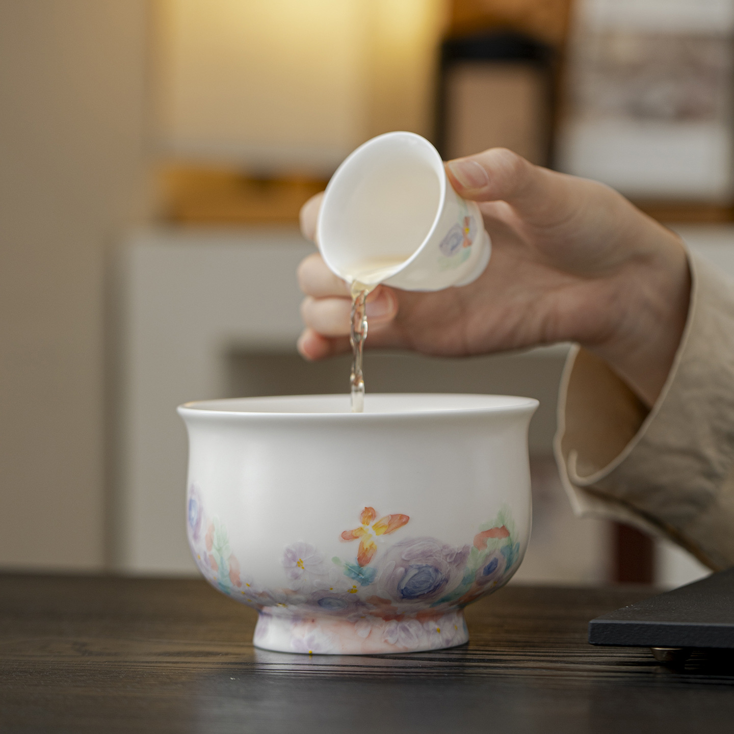 有田烧白玉汝窑繁花建水茶洗茶渣筒茶水盂家用茶道茶具水洗废水缸
