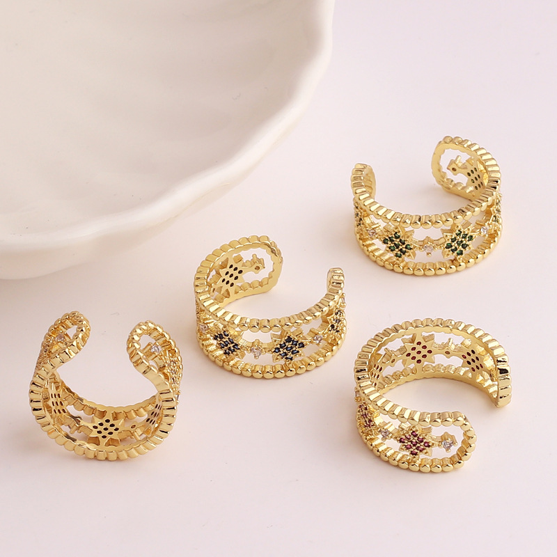 Retro Star Waves Copper Inlay Zircon Rings