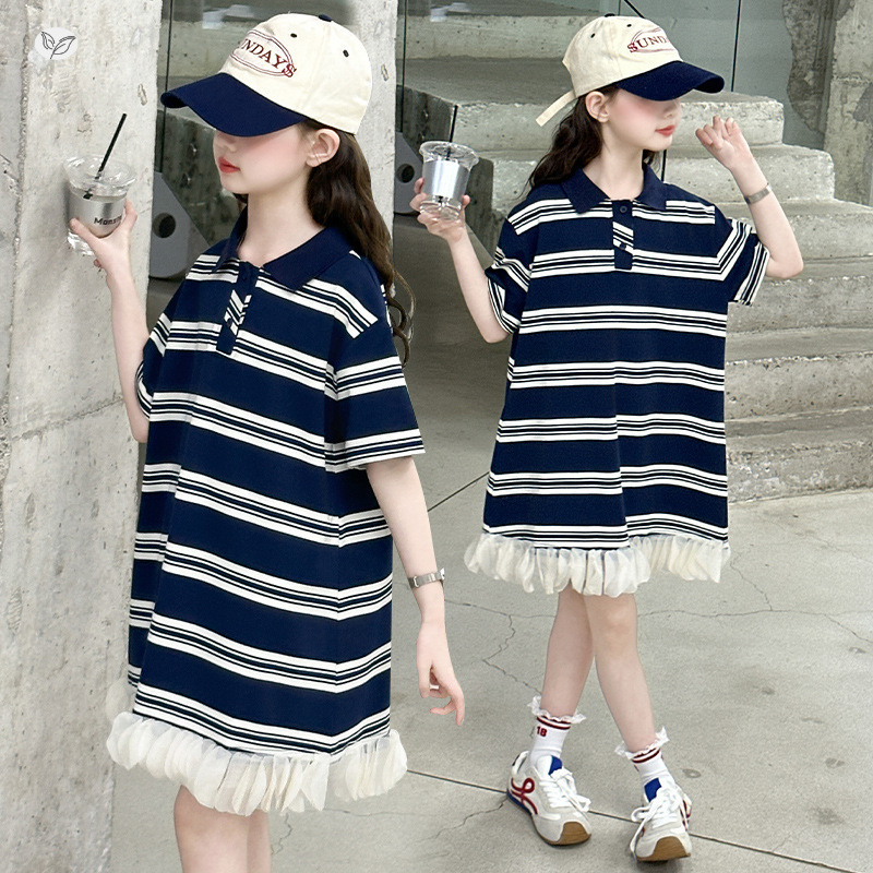 2025 Girls Dress Summer New Style Big Kidsren Girl Polo Skirt Short-Sleeved T-Shirt Lace Skirt Kidsren's Skirt Summer