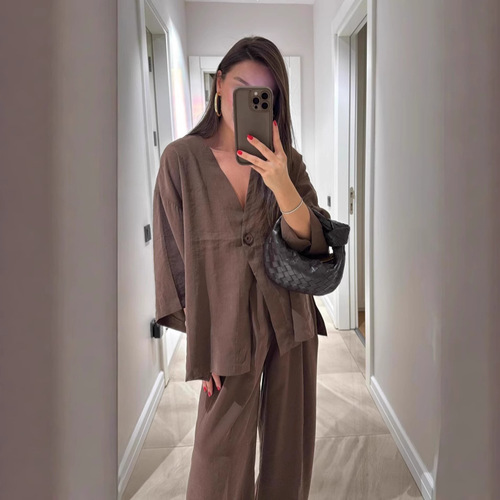 Women's fashionable casual suit V-neck one-button loose long-sleeved top high-waisted trousers two-piece set