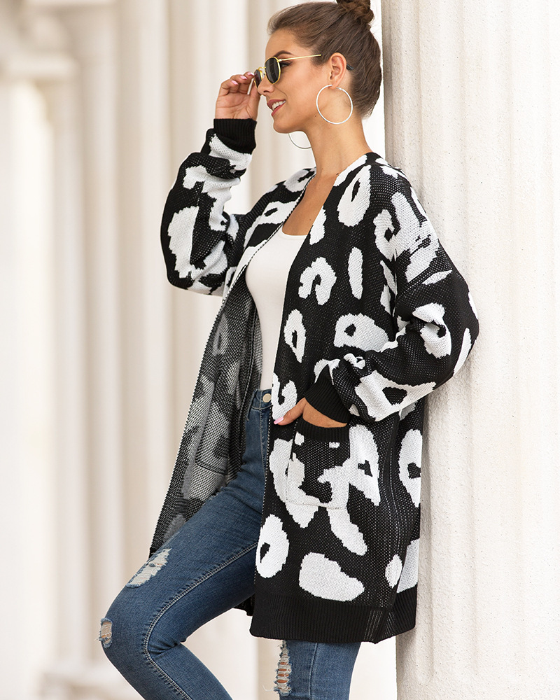 mid-length double-pocket leopard print cardigan nihaostyles clothing wholesale NSMMY84032