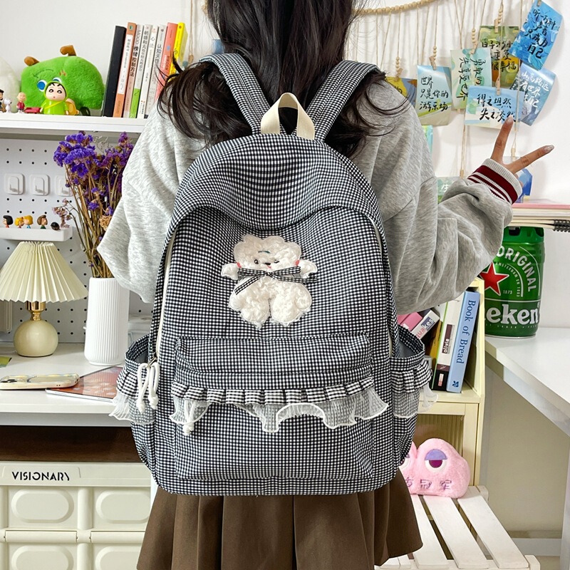 Fresh and Simple Lace-Trimmed Backpack for Girls, Cartoon Plaid Versatile School Bag for Elementary and Middle School Students, Cute Backpack for Young Girls Fresh and Simple Lace-Trimmed Backpack for Girls, Cartoon Plaid Versatile School Bag for Elementary and Middle School Students, Cute Backpack for Young Girls