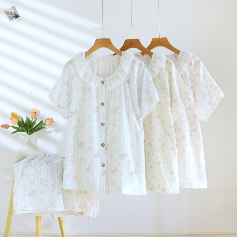 Digital Cotton Double-Layer Gauze Lace Round Neck Short-Sleeved Shorts Pajama Set Summer Thin Women's Cardigan Home Wear