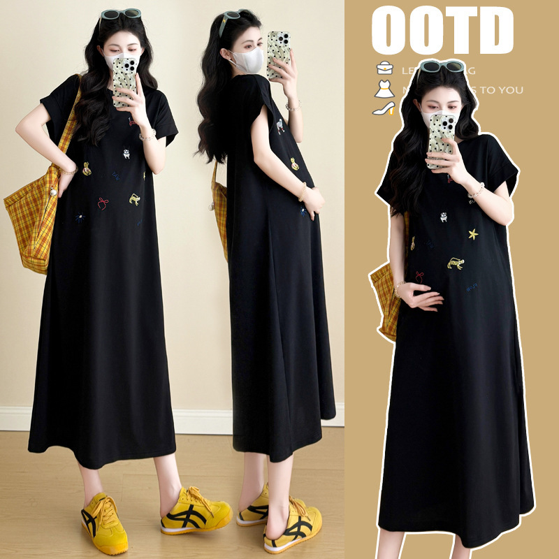 Maternity 2025 Summer Maternity New Loose Short-sleeved T-shirt Skirt Long Casual Loose dress Trendy Mom