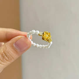 金莲花炬 高级感金色莲花珍珠串珠戒指女新中式指环手饰国风轻奢