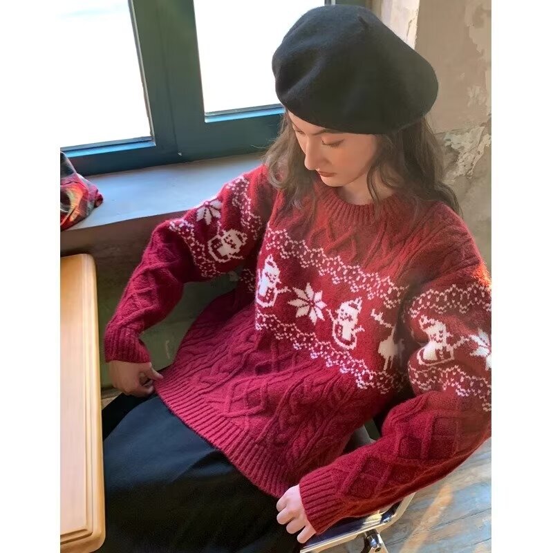 Christmas Atmosphere Jacquard Crewneck Sweater Women's Autumn and Winter 2023 New Loose Lazy Style Warm Sweater Ins