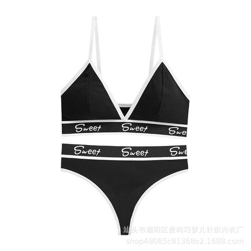 Sexy European and American triangle cup underwear thong bikini plus-size fitness yoga sports bra set for women