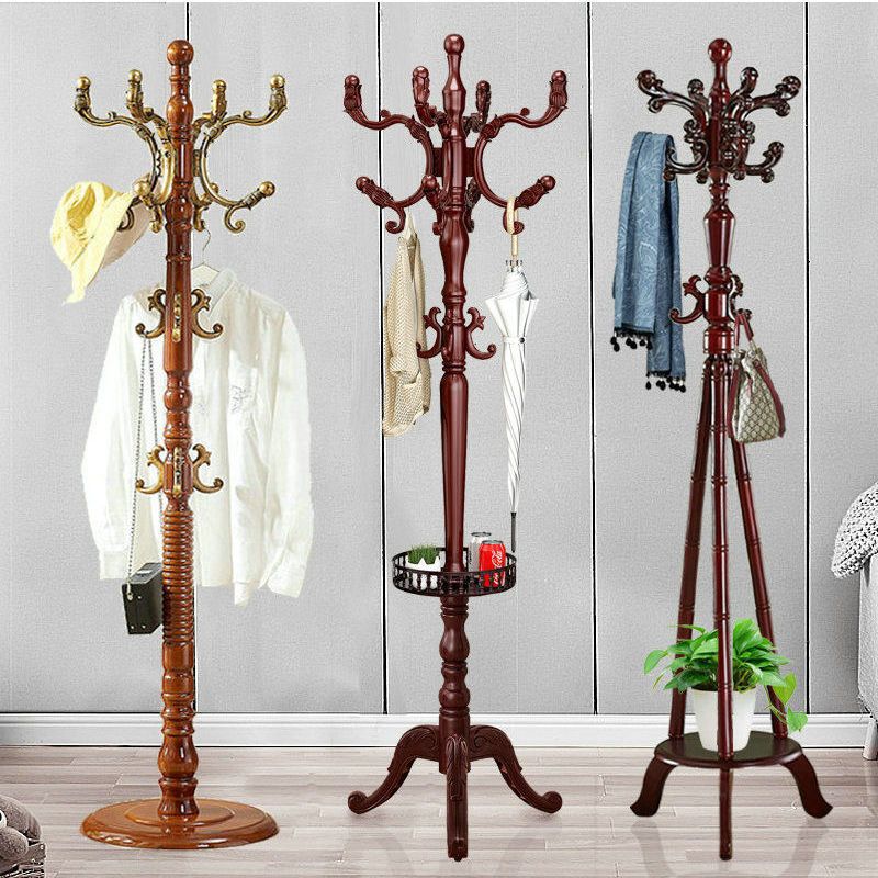 Solid Wood Coat Rack Floor-Standing Bedroom Clothes Rack Home Living Room Wooden Multi-Functional Clothes Rack European Style Vertical Clothes Rack