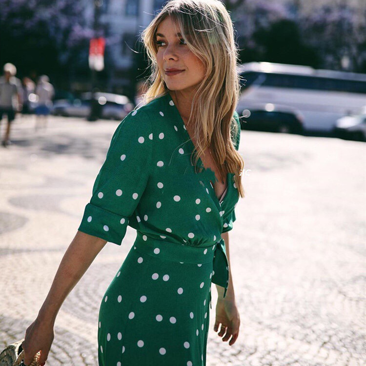 Green Polka Dot Tea Break Dress, Light Luxury Style, French Flair, Lazy One-Piece Wrap-Style, Forest Green Dress