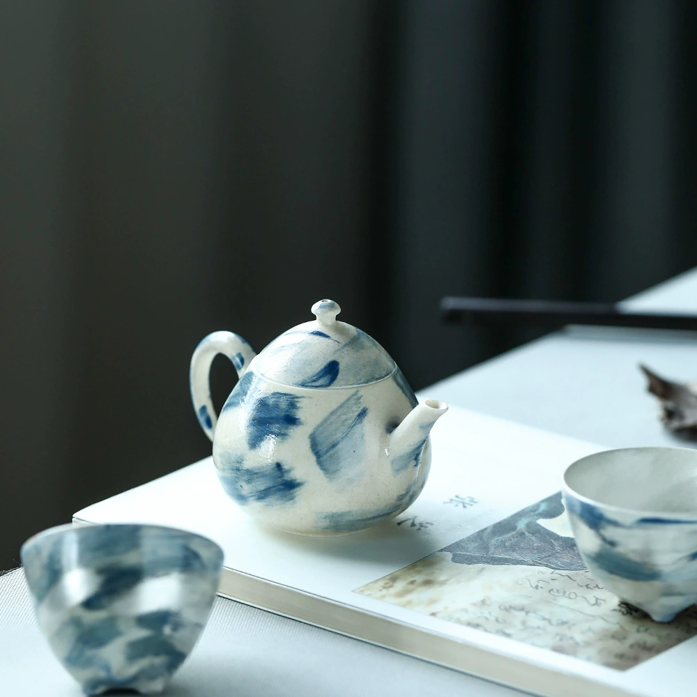 Сенсей Чинг, фарфор ручной работы из Jingdezhen, чайный набор Ocean Blue Light Kung Fu, глиняная чашка с тремя ножками, роспись по металлу золотом и серебро в наборе