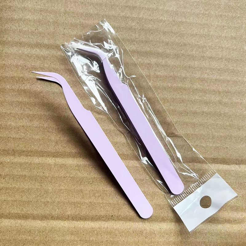 Pinzas para pestañas de acero inoxidable, punta curva, rosa