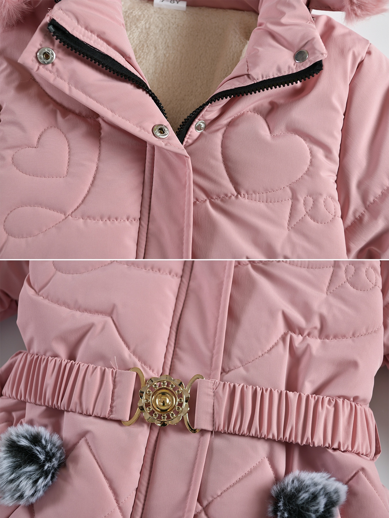 Winter Korean Style Girls' Mid Length Cotton Padded Jacket Western Style Heart Shaped Rhombus Pattern Cotton Padded Jacket With Fur Collar_voghion.com