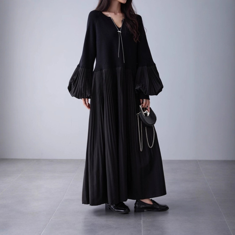 2025 Spring and Autumn Minimalist Extra Long Sweater Patchwork Heavy Pleated Dress Real Shot