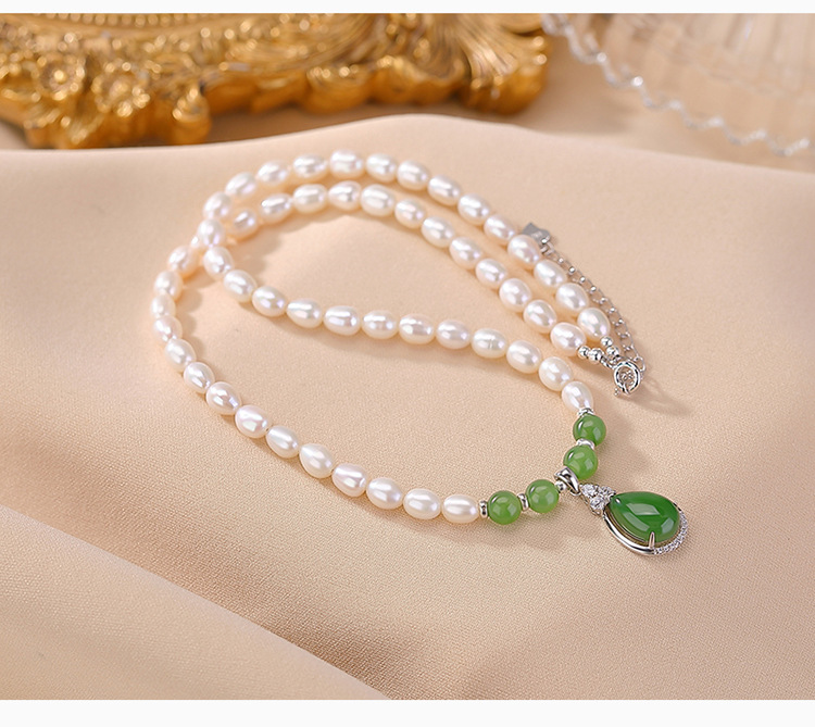 Vòng cổ bạc S925 mạ vàng đính ngọc trai nước ngọt và ngọc Hetian Jasper hình giọt nước — Mẫu bạc chi tiết 4