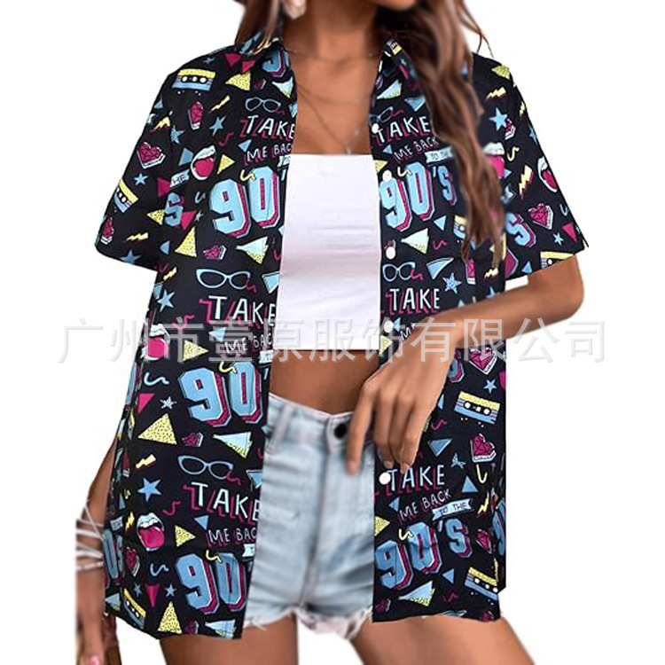 Cross-border 2025 Amazon Summer New 80 s 90 s Hawaiian Shirt Lapel Retro Printed Shirt