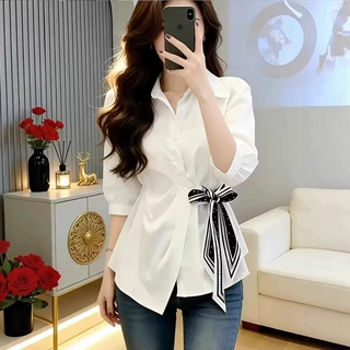 女装春季新款时尚百搭设计感丝巾飘带收腰衬衫