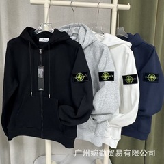 25跨境外贸STONE石头基础款连帽袖章加绒男女款纯色卫衣长袖外套