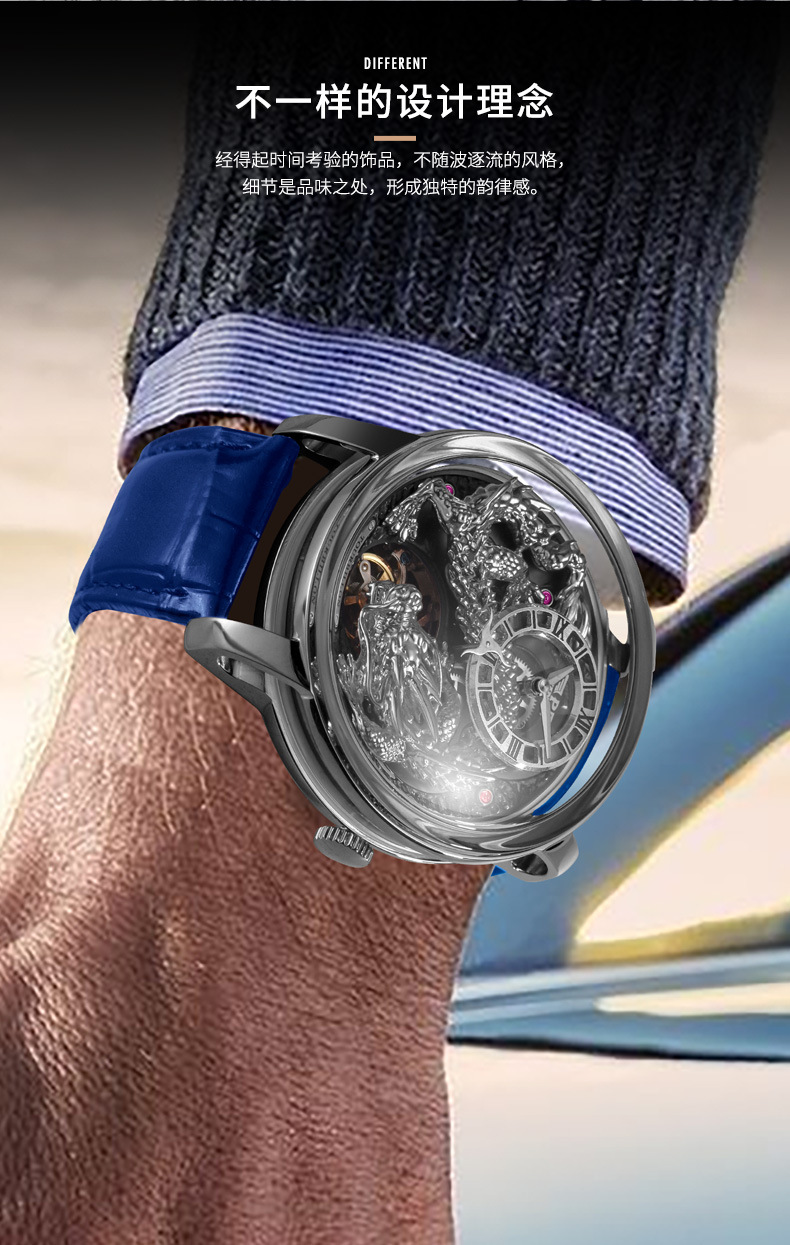 Đồng hồ nam automatic lộ máy chống nước dây da — Hoa hồng vỏ hoa hồng da đen, Hồng vỏ Hồng Long Blue Skin, Hoa hồng vỏ hoa hồng da xanh, Hồng Shell Green Dragon Da đen chi tiết 8