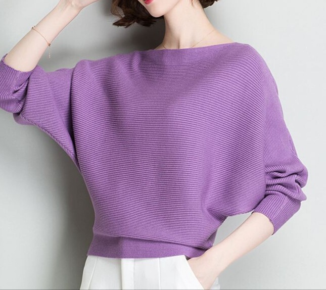 Spring and Autumn new loose-fitting batwing sleeve knit top for women, plus size, slimming, solid color, one-shoulder neckline, short-length base layer top, trendy Spring and Autumn new loose-fitting batwing sleeve knit top for women, plus size, slimming, solid color, one-shoulder neckline, short-length base layer top, trendy