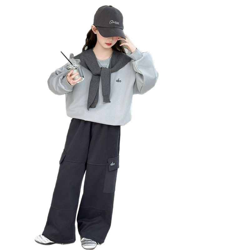 女孩拼色时尚叠穿披肩工装裤套装中大童春秋新款复古运动风两件套|undefined
