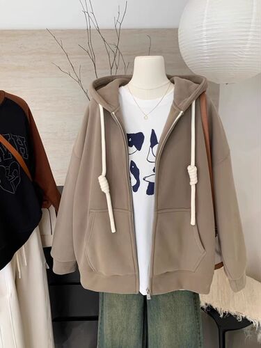 Melade Korean autumn and winter new style with thick velvet, lazy hooded hooded sweater loose cardigan zipper coat