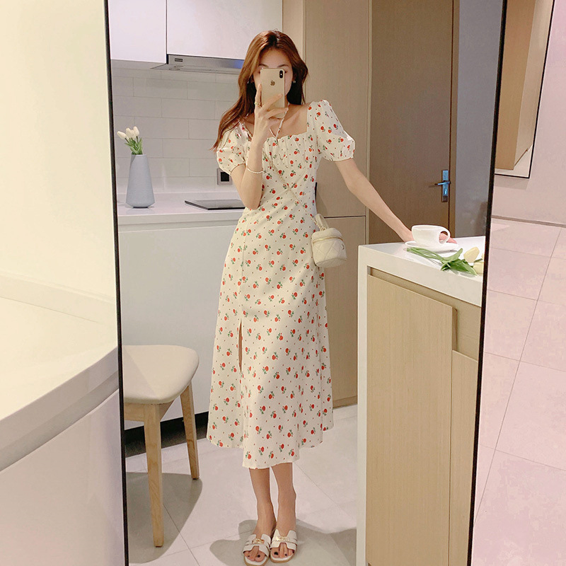 South Korea Hepburn style elegant split dress floral chiffon short sleeve new cheongsam casual sexy flared dress