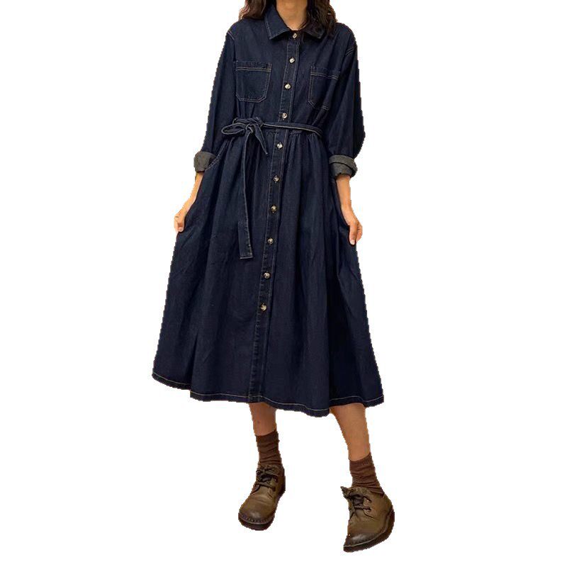 Đầm denim dài tay nữ phong cách thanh lịch, chiết eo tôn dáng, dáng chữ A lửng — Màu xanh dương