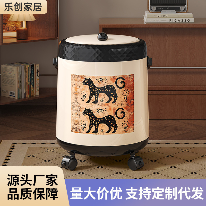 中古风垃圾桶手提带盖带轮家用客厅轻奢高档大容量纸篓复古卫生桶|undefined