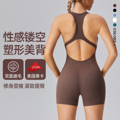 Cross-border European and American sexy hollow-out bodysuit for women, high-elasticity hip-lifting, nude-feel breathable quick-drying sports yoga clothing