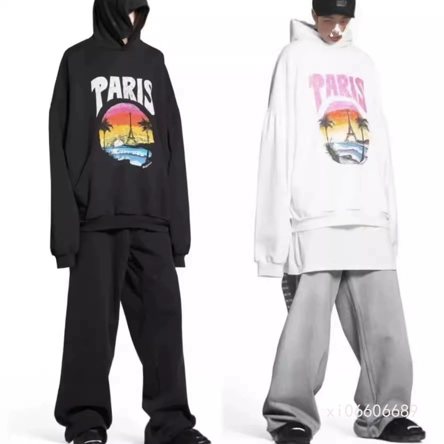 Новые осенне-зимние 24 кофты Paris B с капюшоном для мужчин и женщин, свободные топы с изображением кокосовой пальмы и башни заката.