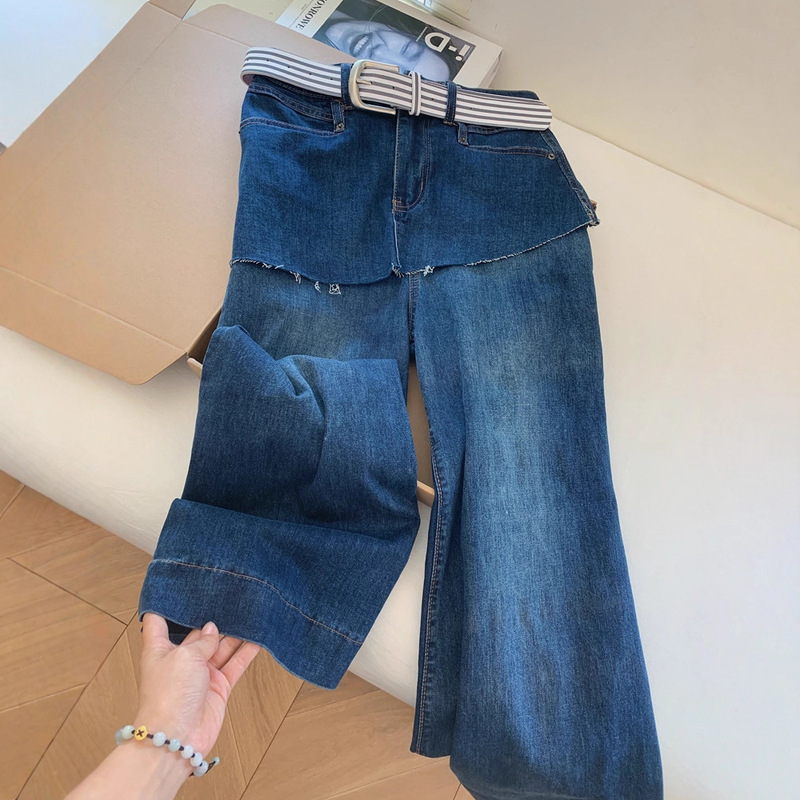 早秋深蓝色假两件窄版直筒牛仔裤女阔腿宽松女士微喇裤裙长裤子|undefined