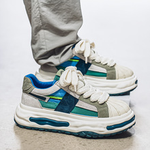 2025四季小众牛仔布拼接皮面透气板鞋复古港风潮搭男抖音直播板鞋