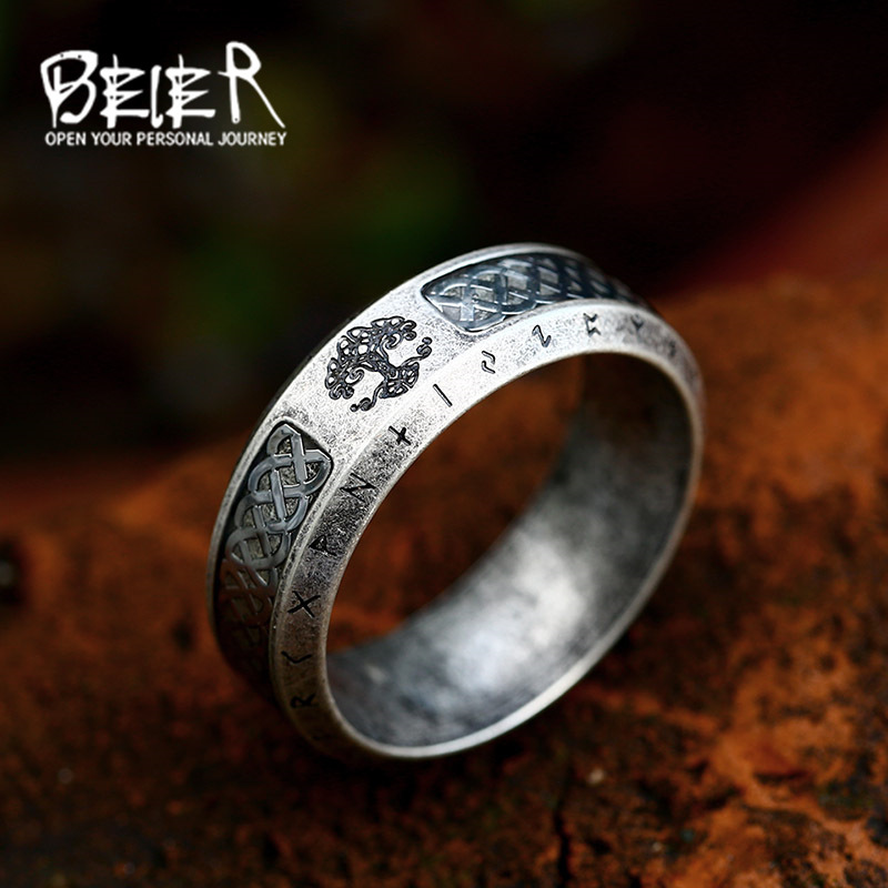 Beier Scandinavian Viking Letter Fashion Simple Titanium Steel Ring European and American Retro Tree of Life Stainless Steel Ring Beier Scandinavian Viking Letter Fashion Simple Titanium Steel Ring European and American Retro Tree of Life Stainless Steel Ring