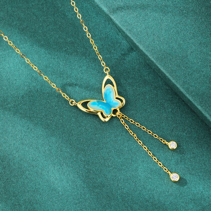 S925 plata de ley con flecos, esmalte, collar de mariposa, diseño de nicho de alto nivel femenino, temperamento de lujo ligero, cadena de clavícula, viento frío