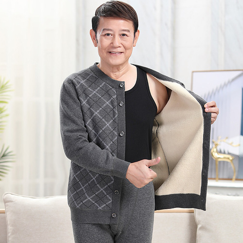 Middle-aged and elderly women's thermal underwear with velvet and thickening for the elderly cardigan single-piece top for men can be worn outside in winter