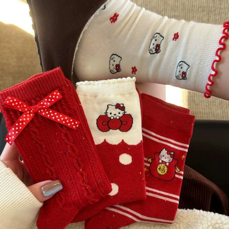 Красные кружевные носки до середины икры в корейском стиле на весну и осень, девчачьи, милые и милые новогодние женские носки