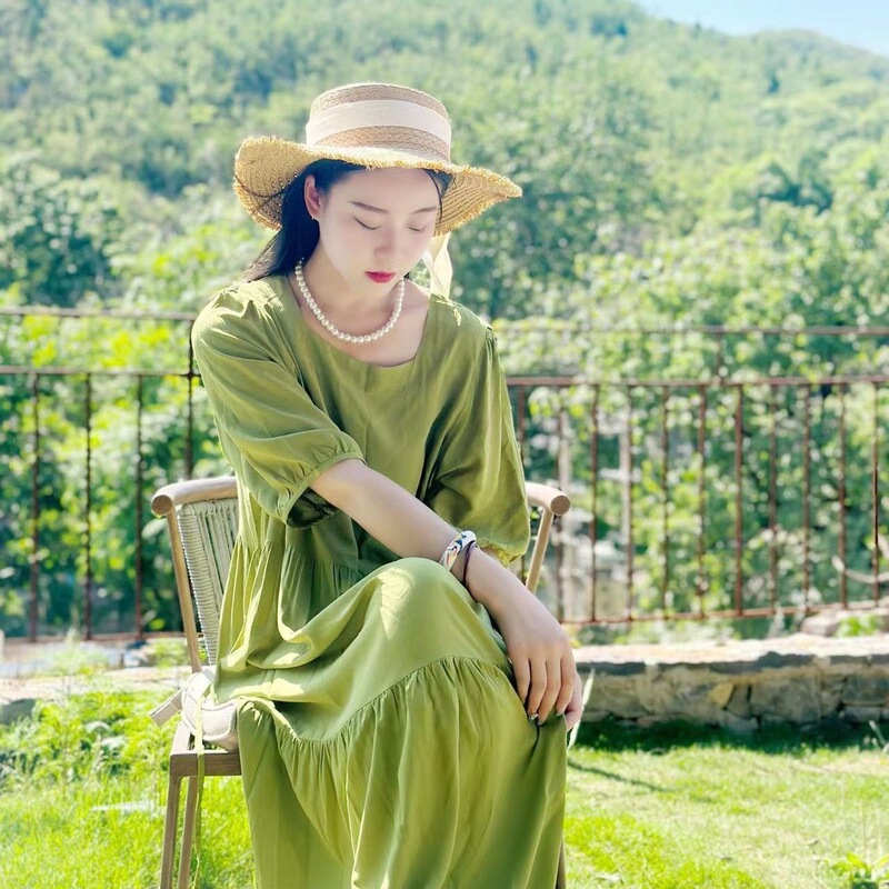 Homewear That Can Be Worn Outside, Square-Neck Cotton Rayon Dress, Summer New Style, Long Slimming Dress