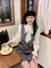 韩系穿搭套装女秋季气质韩版无袖背带连衣裙搭配蝴蝶结衬衫两件套