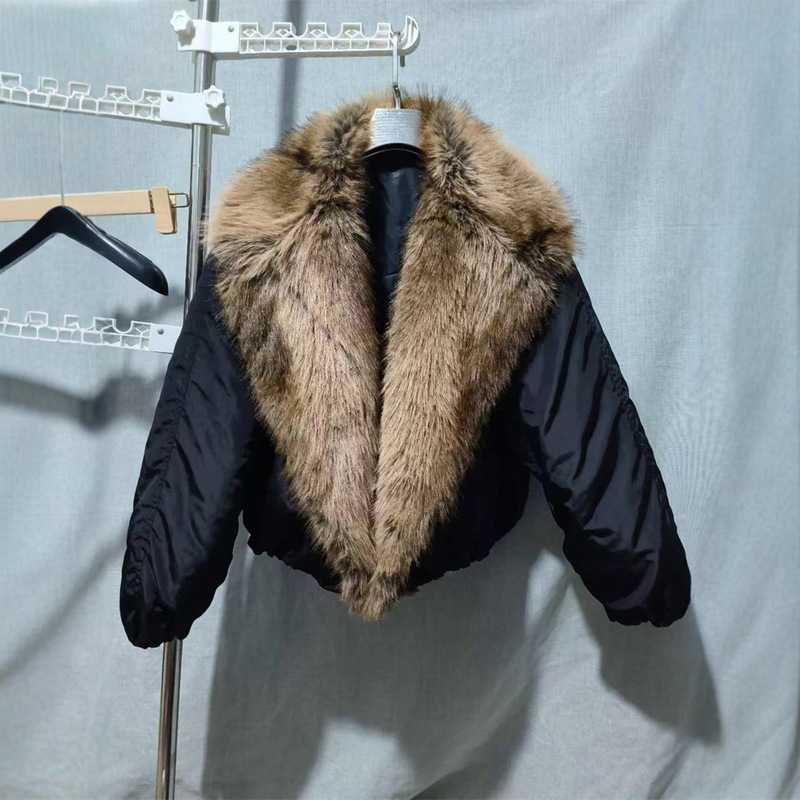 Z New Winter Women's Flip-Up V Neck Long-Sleeved Faux Fur Effect Bomber Jacket 4369256