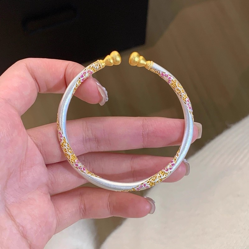 描金珐琅彩繁花葫芦手镯女实心开口轻奢素圈古法镀银手环镯子复古|undefined