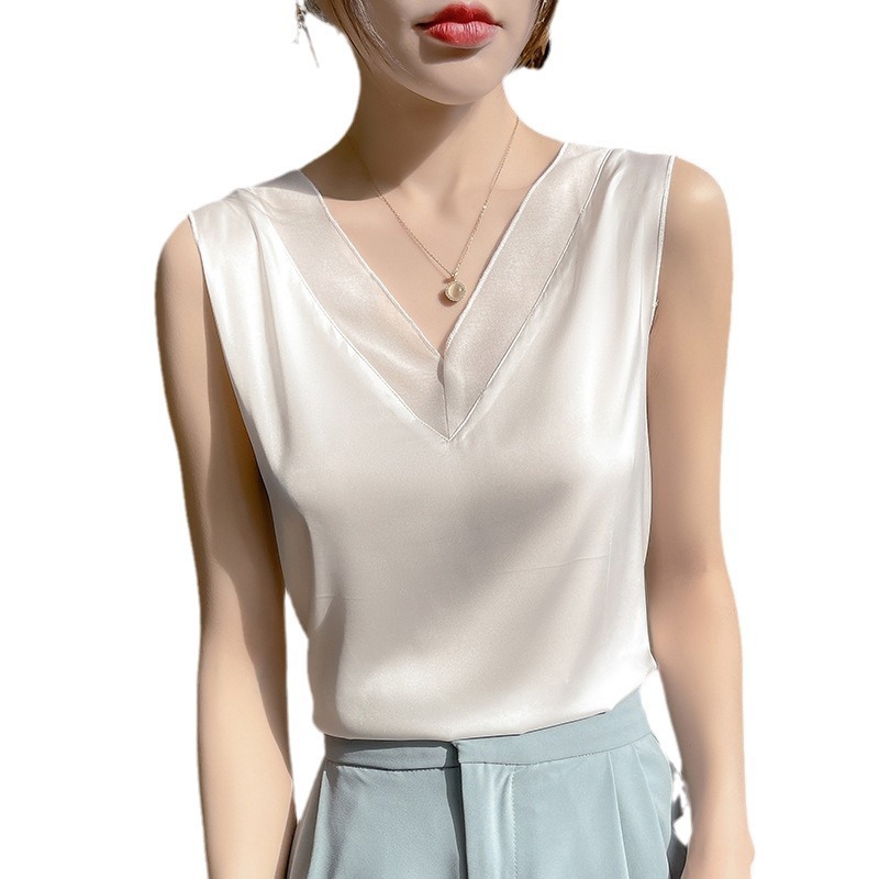 고급 중량식 실크 카미솔 여성용 루즈 V 넥 민소매 세트 새틴베이스 탑