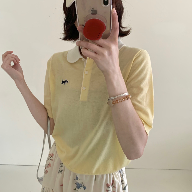 26 Spring/Summer Women's Clothing Puyuan Fine Wool Korean Style Academy Style Polo Collar Doll Collar Embroidered Thin Knit Short Sleeve T-Shirt