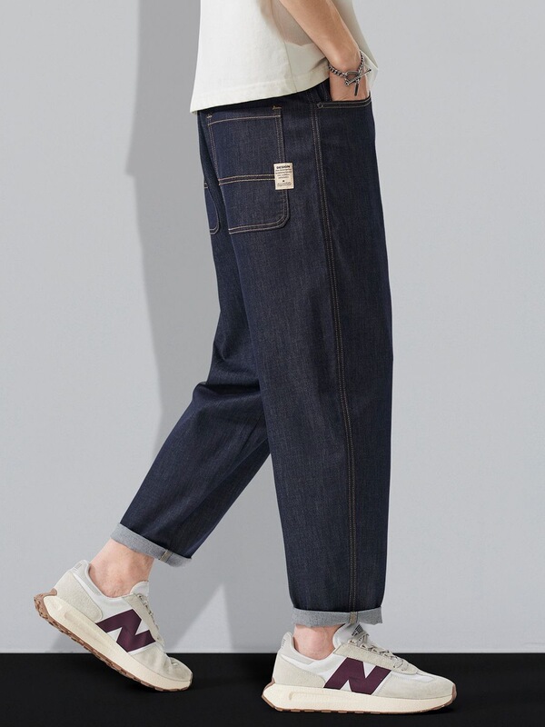Popular Tencel Linen Anti-Fade Fabric New Men's Cool-Touch Jeans Loose High-End Tapered Cropped Pants Trendy