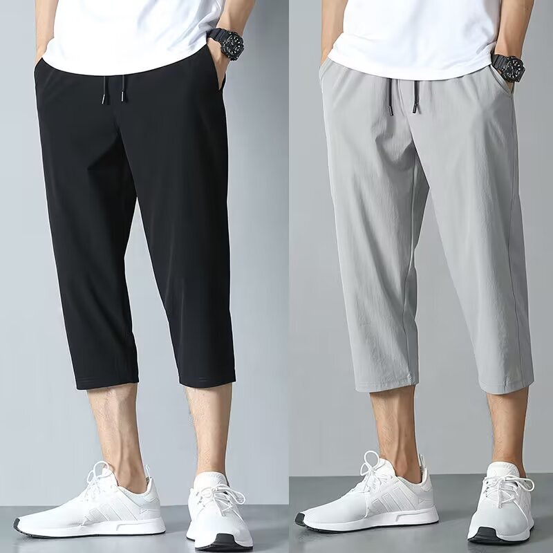 Ice Silk Capri Pants Men's Summer Thin Sports Casual Pants Trendy Straight Outer Wear plus size Quick-drying Capri Pants