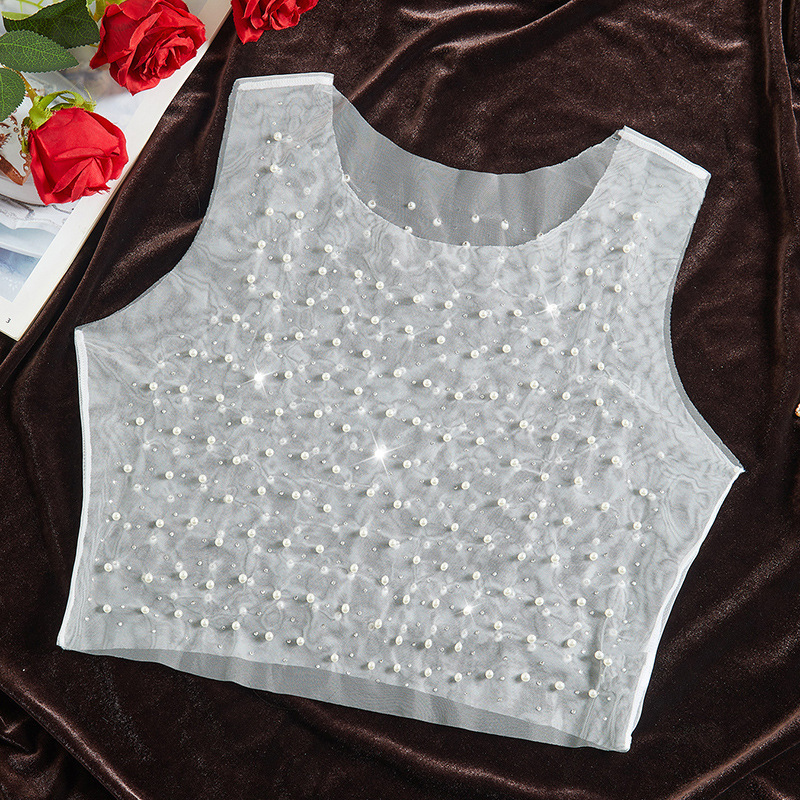 Transparent Mesh Beads Hot Drilling Short Blouse Sexy Spice Girl Perspective Heavy Industry Sequin Sleeveless Top Vest Cross Border