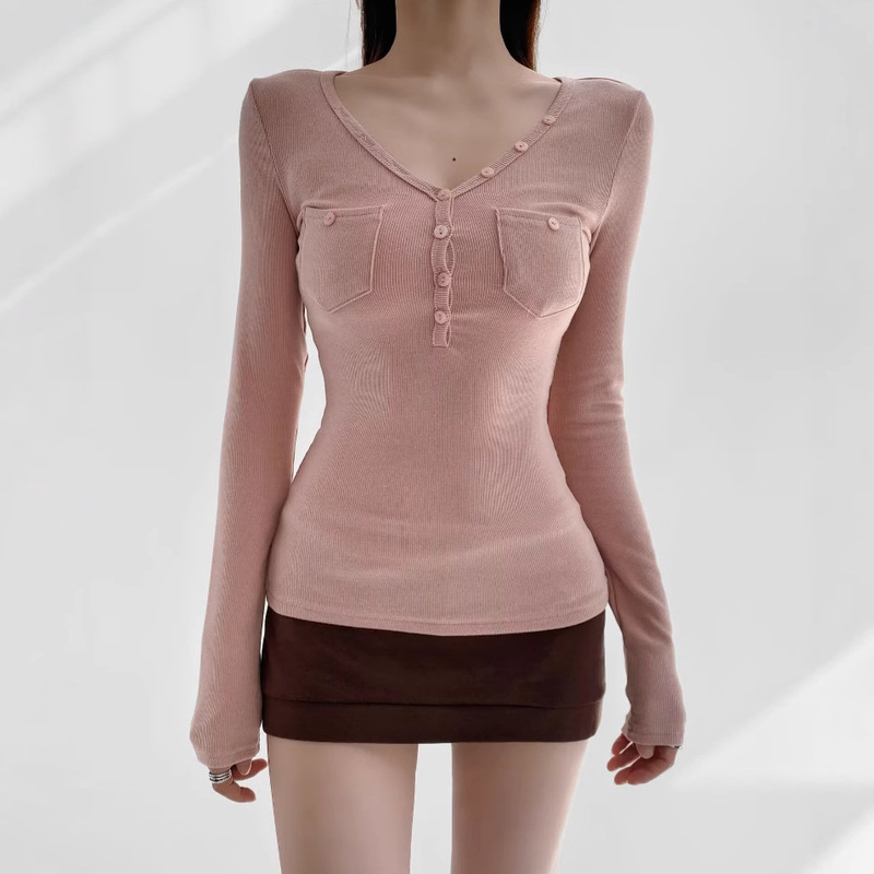 2025 Spring Spice Girls V-neck Pocket Single-breasted Slim-fit Slimming Long-sleeved T-shirt Women's Double-sided Sanding Base Shirt Top 2025 Spring Spice Girls V-neck Pocket Single-breasted Slim-fit Slimming Long-sleeved T-shirt Women's Double-sided Sanding Base Shirt Top