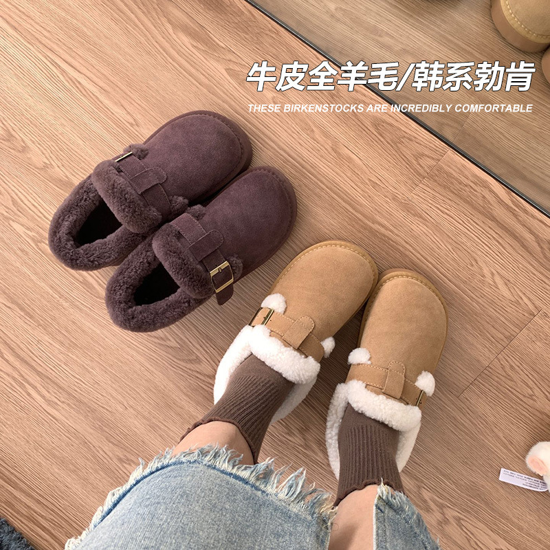 Wool Birkenstock Shoes for Women, Winter Genuine Leather and Fur, Warm and Comfortable, Thick-Soled, Height-Increasing, Slip-On Low-Top Snow Boots, Cotton Shoes