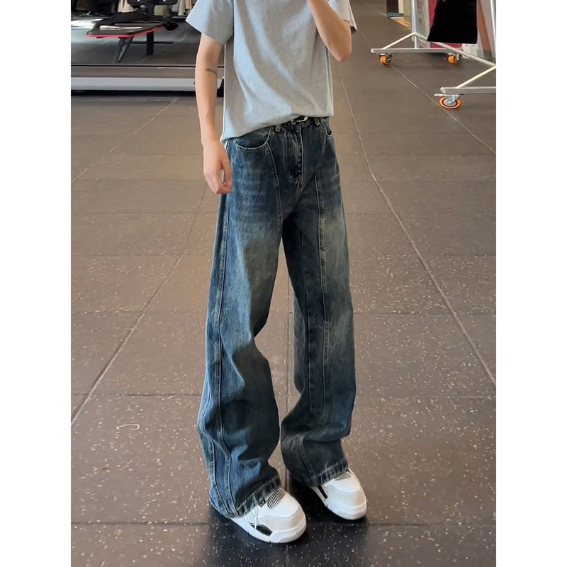 Cleanfit Washed Flared Jeans for Men, American Retro Scimitar Pants with a Unique Design, Patchwork, Loose Wide-Leg Trendy Style