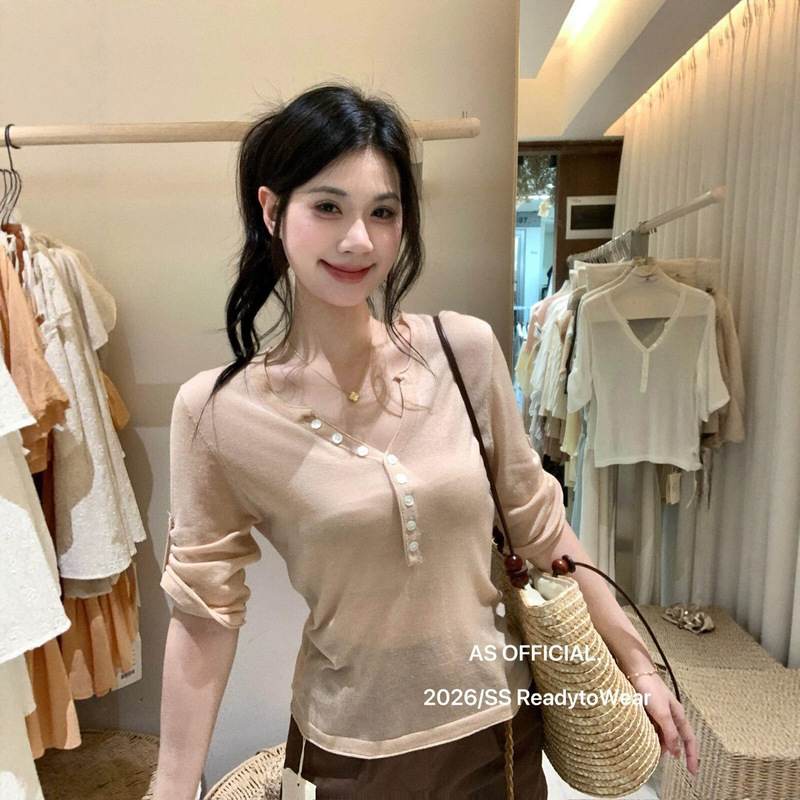 As Official Summer Korean-Style Simple and Versatile Slim-Fit Henley Collar Mid-Sleeve Blouse for Women 16391 As Official Summer Korean-Style Simple and Versatile Slim-Fit Henley Collar Mid-Sleeve Blouse for Women 16391