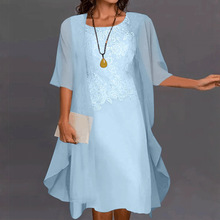 现货欧美跨境新款亚马逊春夏女装雪纺纯色花边无袖背心长裙两件套